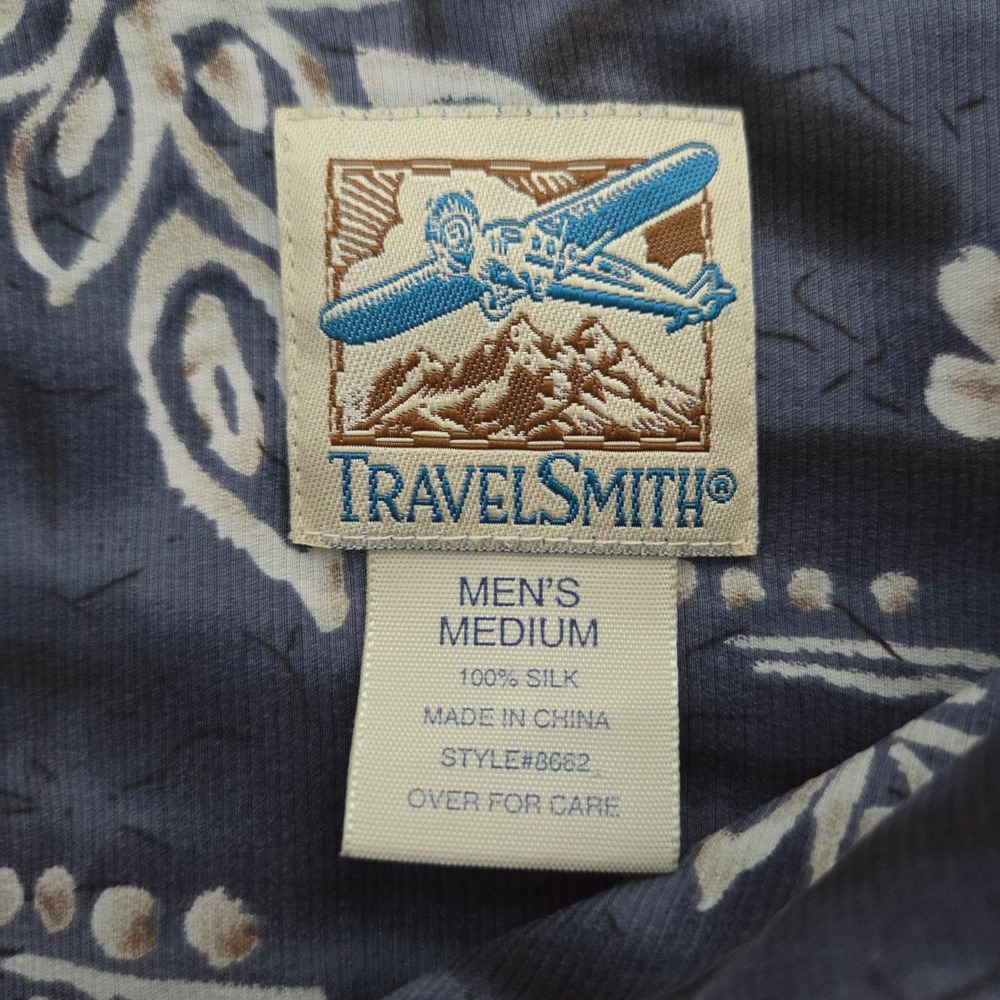 TravelSmith Button Up Shirt Blue 100% Silk Floral Tropical Mens Medium - Picture 3 of 5